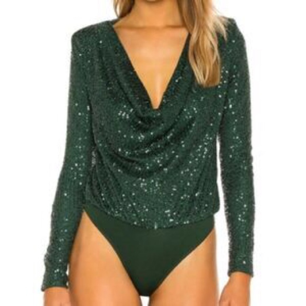 Camila Coelho Sequin Padded Shoulder Long Sleeve Bodysuit Green XS